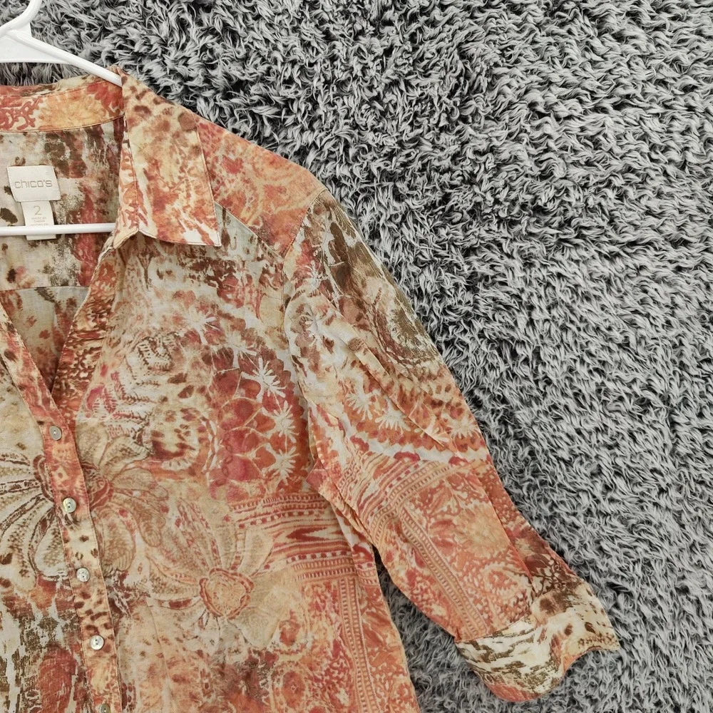 Chicos Women Maximalist Earthy Abstract Animal Button Down Shirt 2 Large Tan - Picture 8 of 16